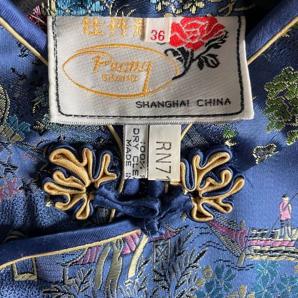 Vintage Peony Brand Shanghai Blue Rayon Cheongsam Dress with Side Slit Size 36 - Picture 8 of 12